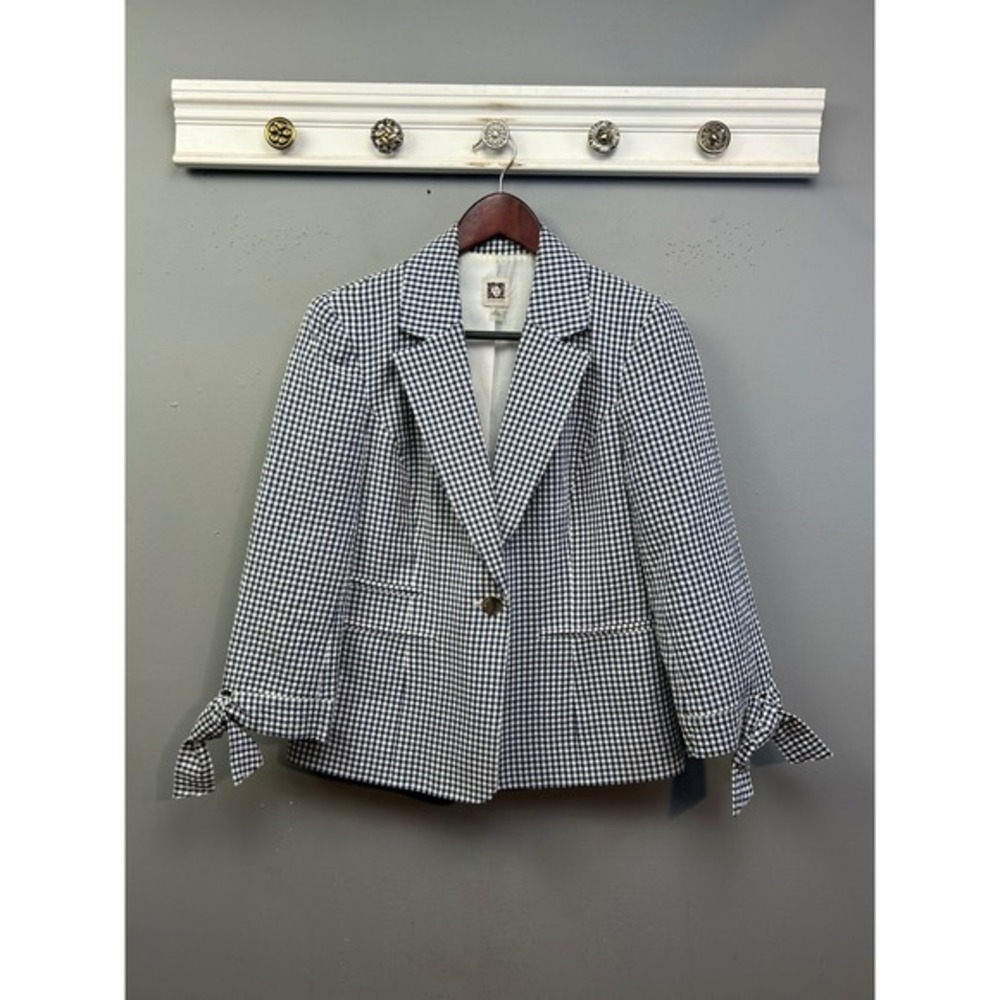 Anne Klein Blazer Womens Small Blue‎ White Gingham Tie Cuff Single Button Jacket
